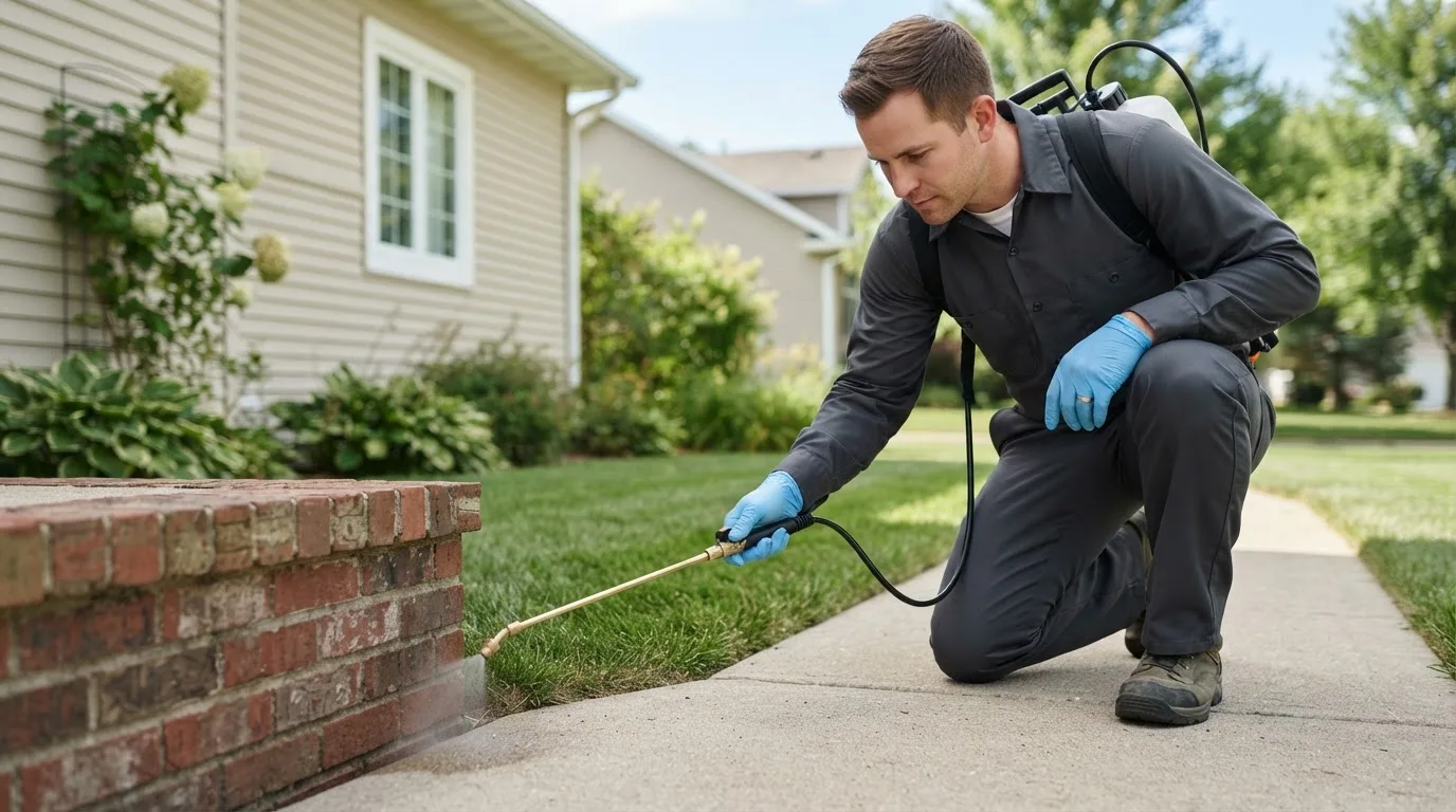 Pest control technician treating a home near North Montpelier, VT