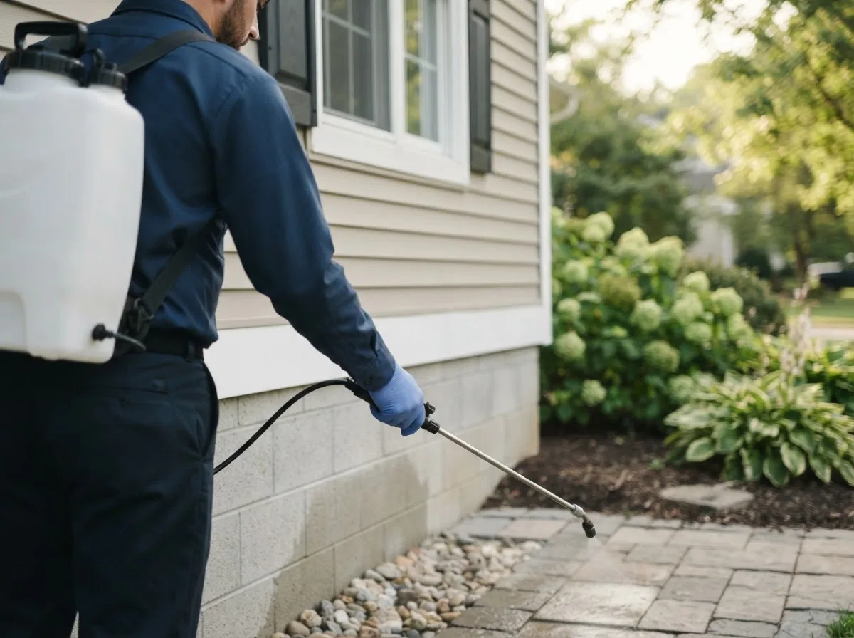Pest control technician inspecting a home in North Montpelier, VT